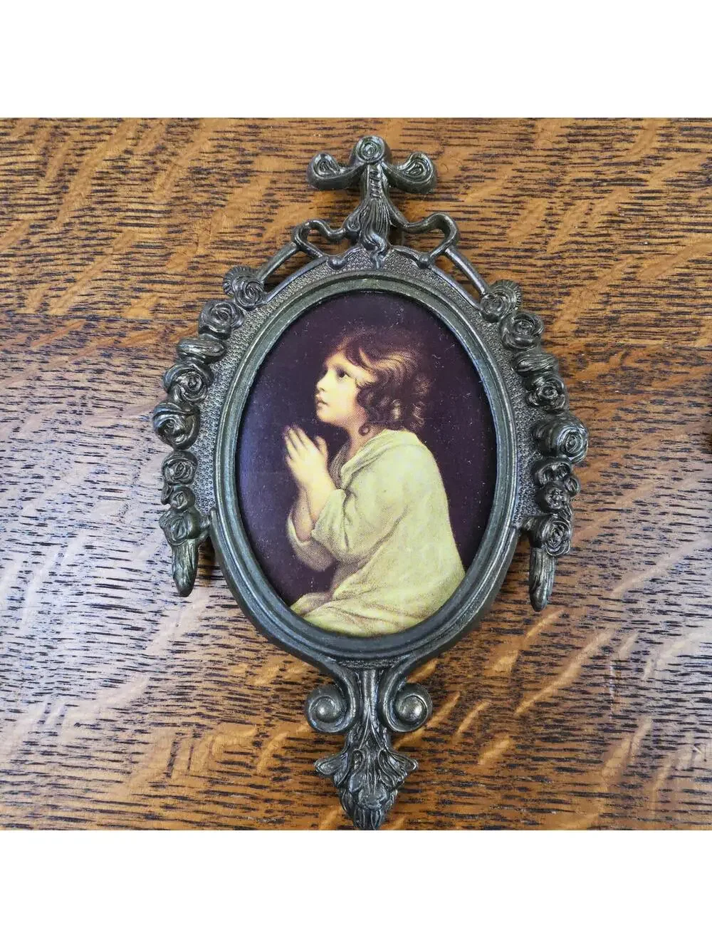 Vintage Italian Child Portrait Wall Plaques Pair Ornate Cast Metal Frames - Picture 3 of 10